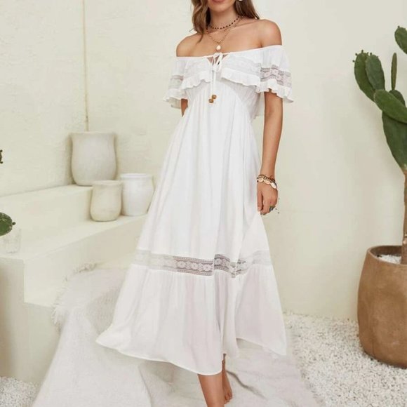 WHITE Tie Front Ruffle Trim Off Shoulder Dress - Picture 2 of 7